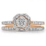 0.80 Carat (ctw) 14K Rose Gold Round & Baguette Cut Diamond Ladies Cluster Bridal Engagement Ring With Matching Band Set 3/4 CT
