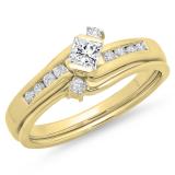 0.60 Carat (ctw) 10K Yellow Gold Princess & Round Cut Diamond Ladies Bridal Swirl Engagement Ring With Matching Band Set