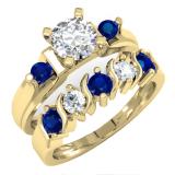 1.85 Carat (ctw) 10K Yellow Gold Round Blue & White Sapphire Ladies 3 Stone Bridal Engagement Ring Matching Band Set