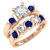 1.85 Carat (ctw) 14K Rose Gold Round Blue & White Sapphire Ladies 3 Stone Bridal Engagement Ring Matching Band Set