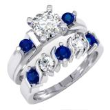 1.85 Carat (ctw) 18K White Gold Round Blue & White Sapphire Ladies 3 Stone Bridal Engagement Ring Matching Band Set