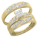 Round White Diamond Square Shape Head Matching Wedding Trio Ring Set for Him & Her (0.33 ctw, Color I-J, Clarity I1-I2) in 14K Yellow Gold