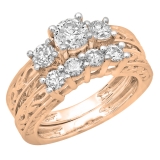 1.50 Carat (ctw) 14K Rose Gold Round Cut Diamond Ladies Vintage 3 Stone Bridal Engagement Ring With Matching 4 Stone Wedding Band Set 1 1/2 CT