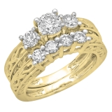 1.50 Carat (ctw) 14K Yellow Gold Round Cut Diamond Ladies Vintage 3 Stone Bridal Engagement Ring With Matching 4 Stone Wedding Band Set 1 1/2 CT