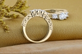 1.50 Carat (ctw) 14K Yellow Gold Round Cut Diamond Ladies Vintage 3 Stone Bridal Engagement Ring With Matching 4 Stone Wedding Band Set 1 1/2 CT