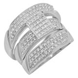 0.65 Carat (ctw) Sterling Silver Round White Diamond Men & Womens Micro Pave Engagement Ring Trio Bridal Set