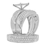 0.65 Carat (ctw) Sterling Silver Round White Diamond Men & Womens Micro Pave Engagement Ring Trio Bridal Set