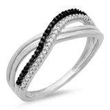 0.15 Carat (ctw) Sterling Silver Round White and Black Diamond Ladies Swirl Wedding Anniversary Band Ring