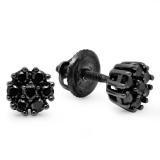 0.50 Carat (ctw) Sterling Silver Black Round Cut Diamond Cluster Flower Stud Earrings 1/2 CT