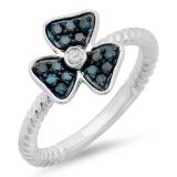 0.25 Carat (ctw) Sterling Silver Round Blue & White Diamond Ladies Cocktail Right Hand Flower Ring 1/4 CT