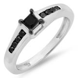 0.50 Carat (ctw) Sterling Silver Princess & Round Black Diamond Ladies Solitaire With Accents Bridal Engagement Ring 1/2 CT