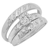 0.10 Carat (ctw) Sterling Silver Round Cut White Diamond Men's & Women's Engagement Ring Trio Bridal Fashion Wedding Band Set 1/10 CT