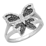 0.24 Carat (ctw) Sterling Silver Round Black & White Diamond Butterfly Cocktail Right Hand Ring 1/4 CT