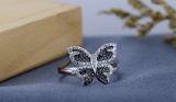0.24 Carat (ctw) Sterling Silver Round Black & White Diamond Butterfly Cocktail Right Hand Ring 1/4 CT