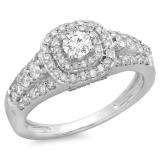 1.00 Carat (ctw) 14K White Gold Round Cut Diamond Ladies Vintage Style Bridal Halo Engagement Ring 1 CT