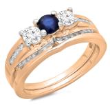 1.10 Carat (ctw) 10K Rose Gold Round Blue Sapphire & White Diamond Ladies Bridal 3 Stone Engagement Ring With Matching Band Set 1 CT