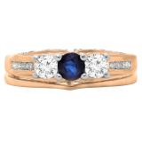 1.10 Carat (ctw) 10K Rose Gold Round Blue Sapphire & White Diamond Ladies Bridal 3 Stone Engagement Ring With Matching Band Set 1 CT