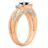 1.10 Carat (ctw) 10K Rose Gold Round Blue Sapphire & White Diamond Ladies Bridal 3 Stone Engagement Ring With Matching Band Set 1 CT