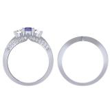 1.10 Carat (ctw) 10K White Gold Round Blue Sapphire & White Diamond Ladies Bridal 3 Stone Engagement Ring With Matching Band Set 1 CT