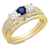 1.10 Carat (ctw) 10K Yellow Gold Round Blue Sapphire & White Diamond Ladies Bridal 3 Stone Engagement Ring With Matching Band Set 1 CT