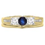 1.10 Carat (ctw) 10K Yellow Gold Round Blue Sapphire & White Diamond Ladies Bridal 3 Stone Engagement Ring With Matching Band Set 1 CT