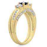 1.10 Carat (ctw) 10K Yellow Gold Round Blue Sapphire & White Diamond Ladies Bridal 3 Stone Engagement Ring With Matching Band Set 1 CT