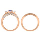 1.10 Carat (ctw) 14K Rose Gold Round Blue Sapphire & White Diamond Ladies Bridal 3 Stone Engagement Ring With Matching Band Set 1 CT