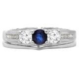 1.10 Carat (ctw) 14K White Gold Round Blue Sapphire & White Diamond Ladies Bridal 3 Stone Engagement Ring With Matching Band Set 1 CT