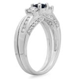 1.10 Carat (ctw) 14K White Gold Round Blue Sapphire & White Diamond Ladies Bridal 3 Stone Engagement Ring With Matching Band Set 1 CT