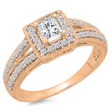 0.80 Carat (ctw) 10K Rose Gold Princess & Round Cut Diamond Ladies Split Shank Bridal Halo Engagement Ring 3/4 CT