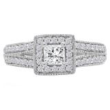 0.80 Carat (ctw) 18K White Gold Princess & Round Cut Diamond Ladies Split Shank Bridal Halo Engagement Ring 3/4 CT
