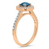 0.90 Carat (ctw) 10K Rose Gold Round Blue & White Diamond Ladies Bridal Halo Style Engagement Ring