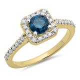 0.90 Carat (ctw) 10K Yellow Gold Round Blue & White Diamond Ladies Bridal Halo Style Engagement Ring