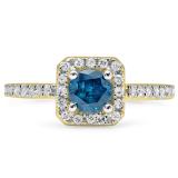0.90 Carat (ctw) 10K Yellow Gold Round Blue & White Diamond Ladies Bridal Halo Style Engagement Ring