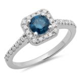 0.90 Carat (ctw) 14K White Gold Round Blue & White Diamond Ladies Bridal Halo Style Engagement Ring