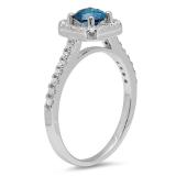 0.90 Carat (ctw) 14K White Gold Round Blue & White Diamond Ladies Bridal Halo Style Engagement Ring
