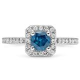 0.90 Carat (ctw) 14K White Gold Round Blue & White Diamond Ladies Bridal Halo Style Engagement Ring