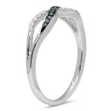 0.15 Carat (ctw) 10K White Gold Round Blue & White Diamond Ladies Anniversary Wedding Crossover Swirl Band