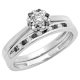 0.40 Carat (ctw) 10K White Gold Round Black & White Diamond Ladies Bridal Halo Engagement Ring With Matching Band Set