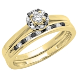 0.40 Carat (ctw) 10K Yellow Gold Round Black & White Diamond Ladies Bridal Halo Engagement Ring With Matching Band Set