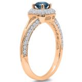 0.90 Carat (ctw) 10K Rose Gold Round Cut Blue & White Diamond Ladies Bridal Split Shank Halo Style Engagement Ring