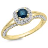 0.90 Carat (ctw) 10K Yellow Gold Round Cut Blue & White Diamond Ladies Bridal Split Shank Halo Style Engagement Ring
