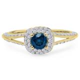 0.90 Carat (ctw) 10K Yellow Gold Round Cut Blue & White Diamond Ladies Bridal Split Shank Halo Style Engagement Ring