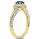 0.90 Carat (ctw) 10K Yellow Gold Round Cut Blue & White Diamond Ladies Bridal Split Shank Halo Style Engagement Ring