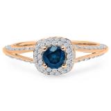 0.90 Carat (ctw) 14K Rose Gold Round Cut Blue & White Diamond Ladies Bridal Split Shank Halo Style Engagement Ring