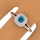 0.90 Carat (ctw) 14K Rose Gold Round Cut Blue & White Diamond Ladies Bridal Split Shank Halo Style Engagement Ring