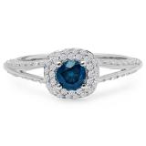 0.90 Carat (ctw) 14K White Gold Round Cut Blue & White Diamond Ladies Bridal Split Shank Halo Style Engagement Ring