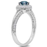 0.90 Carat (ctw) 14K White Gold Round Cut Blue & White Diamond Ladies Bridal Split Shank Halo Style Engagement Ring