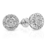0.40 Carat (ctw) 10K White Gold Real Round Cut White Diamond Ladies Flower Cluster Stud Earrings