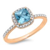 1.50 Carat (ctw) 10K Rose Gold Cushion Cut Blue Topaz & Round Cut White Diamond Ladies Bridal Halo Style Engagement Ring 1 1/2 CT
